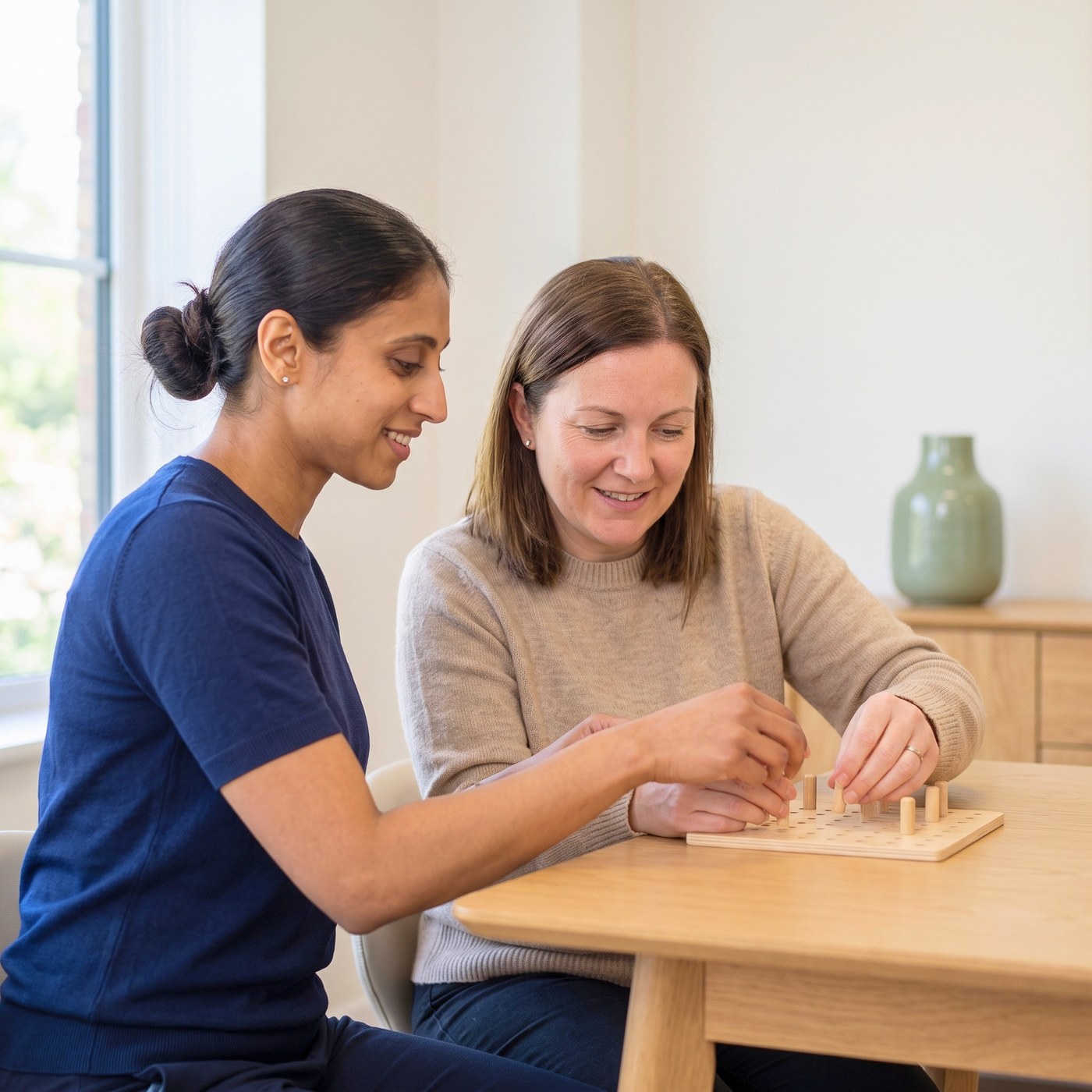 An occupational therapist guiding a client through a fine motor activity with wooden blocks